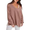 imageANRABESS Oversized Long Sleeve Shirts for Women Off the Shoulder Sweatshirt Loose V Neck Tunic Tops High Low Sweater 2024Deep Apricot