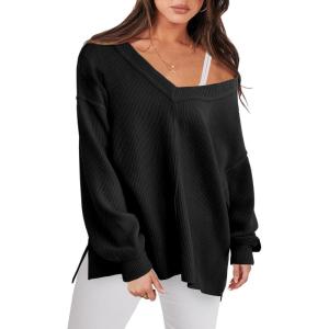 imageANRABESS Oversized Long Sleeve Shirts for Women Off the Shoulder Sweatshirt Loose V Neck Tunic Tops High Low Sweater 2024Black