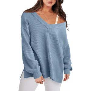 imageANRABESS Oversized Long Sleeve Shirts for Women Off the Shoulder Sweatshirt Loose V Neck Tunic Tops High Low Sweater 2024Blue