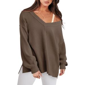 imageANRABESS Oversized Long Sleeve Shirts for Women Off the Shoulder Sweatshirt Loose V Neck Tunic Tops High Low Sweater 2024Brown