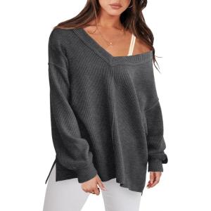 imageANRABESS Oversized Long Sleeve Shirts for Women Off the Shoulder Sweatshirt Loose V Neck Tunic Tops High Low Sweater 2024Dark Grey