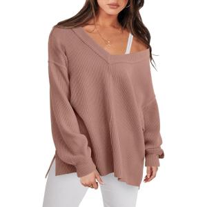 imageANRABESS Oversized Long Sleeve Shirts for Women Off the Shoulder Sweatshirt Loose V Neck Tunic Tops High Low Sweater 2024Deep Apricot