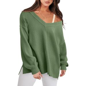 imageANRABESS Oversized Long Sleeve Shirts for Women Off the Shoulder Sweatshirt Loose V Neck Tunic Tops High Low Sweater 2024Green