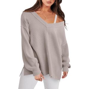 imageANRABESS Oversized Long Sleeve Shirts for Women Off the Shoulder Sweatshirt Loose V Neck Tunic Tops High Low Sweater 2024Grey Apricot