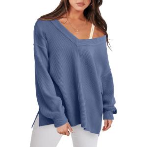 imageANRABESS Oversized Long Sleeve Shirts for Women Off the Shoulder Sweatshirt Loose V Neck Tunic Tops High Low Sweater 2024Grey Blue