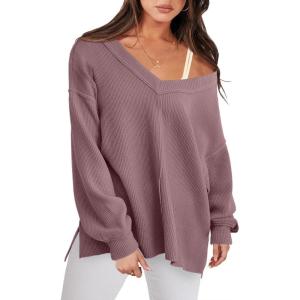 imageANRABESS Oversized Long Sleeve Shirts for Women Off the Shoulder Sweatshirt Loose V Neck Tunic Tops High Low Sweater 2024Light Purple