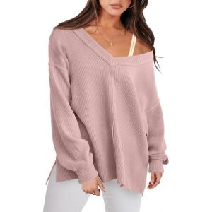 imageANRABESS Oversized Long Sleeve Shirts for Women Off the Shoulder Sweatshirt Loose V Neck Tunic Tops High Low Sweater 2024Pink