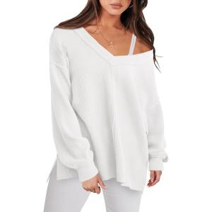 imageANRABESS Oversized Long Sleeve Shirts for Women Off the Shoulder Sweatshirt Loose V Neck Tunic Tops High Low Sweater 2024White