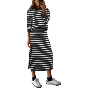 imageANRABESS Women 2 Piece Outfits Striped Sweater Skirt Sets 2025 Fall Casual Long Sleeve Pullover Top Lounge Travel Midi DressWhite Black