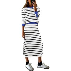 imageANRABESS Women 2 Piece Outfits Striped Sweater Skirt Sets 2025 Fall Casual Long Sleeve Pullover Top Lounge Travel Midi DressWhite Black Blue