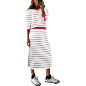 imageANRABESS Women 2 Piece Outfits Striped Sweater Skirt Sets 2025 Fall Casual Long Sleeve Pullover Top Lounge Travel Midi DressWhite Grey Red