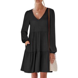 imageANRABESS Womens Casual Long Sleeve V Neck Tiered Swing Flowy Loose Aline Cute Mini Short Spring Fall DressBlack