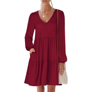 imageANRABESS Womens Casual Long Sleeve V Neck Tiered Swing Flowy Loose Aline Cute Mini Short Spring Fall DressBurgundy