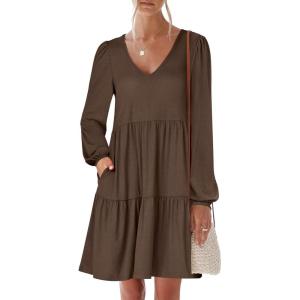imageANRABESS Womens Casual Long Sleeve V Neck Tiered Swing Flowy Loose Aline Cute Mini Short Spring Fall DressCoffee