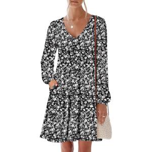 imageANRABESS Womens Casual Long Sleeve V Neck Tiered Swing Flowy Loose Aline Cute Mini Short Spring Fall DressFloral Black