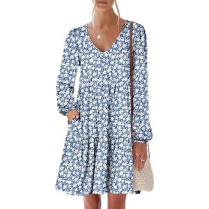 imageANRABESS Womens Casual Long Sleeve V Neck Tiered Swing Flowy Loose Aline Cute Mini Short Spring Fall DressFloral Blue