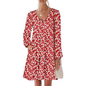 imageANRABESS Womens Casual Long Sleeve V Neck Tiered Swing Flowy Loose Aline Cute Mini Short Spring Fall DressFloral Red