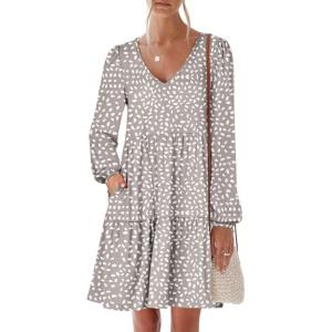 imageANRABESS Womens Casual Long Sleeve V Neck Tiered Swing Flowy Loose Aline Cute Mini Short Spring Fall DressPrint Dot White