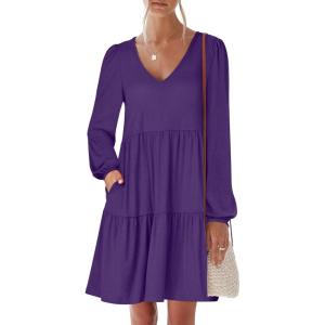 imageANRABESS Womens Casual Long Sleeve V Neck Tiered Swing Flowy Loose Aline Cute Mini Short Spring Fall DressPurple