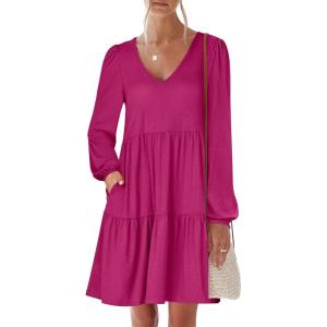 imageANRABESS Womens Casual Long Sleeve V Neck Tiered Swing Flowy Loose Aline Cute Mini Short Spring Fall DressRose