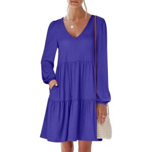 imageANRABESS Womens Casual Long Sleeve V Neck Tiered Swing Flowy Loose Aline Cute Mini Short Spring Fall DressRoyal Blue