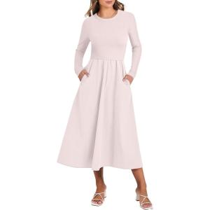 imageANRABESS Womens Long Sleeve Midi Dress 2025 Fall Fashion Patchwork Ribbed Knit Tight Top Casual Flowy Swing Dresses PocketsBeige