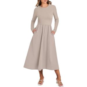 imageANRABESS Womens Long Sleeve Midi Dress 2025 Fall Fashion Patchwork Ribbed Knit Tight Top Casual Flowy Swing Dresses PocketsKhaki