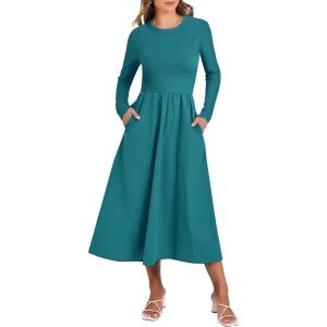 imageANRABESS Womens Long Sleeve Midi Dress 2025 Fall Fashion Patchwork Ribbed Knit Tight Top Casual Flowy Swing Dresses PocketsLake Green