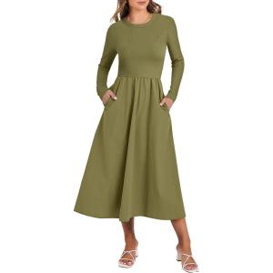 imageANRABESS Womens Long Sleeve Midi Dress 2025 Fall Fashion Patchwork Ribbed Knit Tight Top Casual Flowy Swing Dresses PocketsOlive Green
