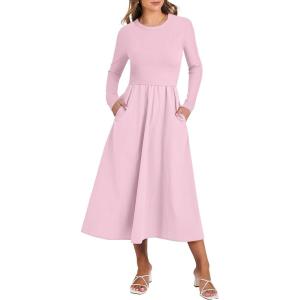 imageANRABESS Womens Long Sleeve Midi Dress 2025 Fall Fashion Patchwork Ribbed Knit Tight Top Casual Flowy Swing Dresses PocketsPink