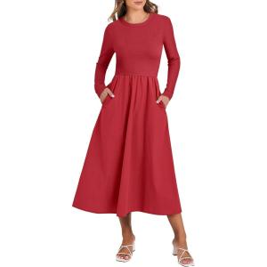 imageANRABESS Womens Long Sleeve Midi Dress 2025 Fall Fashion Patchwork Ribbed Knit Tight Top Casual Flowy Swing Dresses PocketsRed