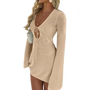 imageANRABESS Womens Swimsuit Crochet Swim Cover Up Summer Bathing Suit Swimwear Hollow Out Mesh Knit Beach Dress Vacation OutfitsBeige