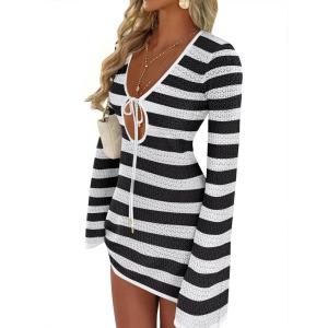 imageANRABESS Womens Swimsuit Crochet Swim Cover Up Summer Bathing Suit Swimwear Hollow Out Mesh Knit Beach Dress Vacation OutfitsBlack White Stripe