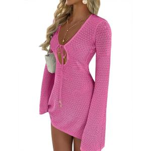 imageANRABESS Womens Swimsuit Crochet Swim Cover Up Summer Bathing Suit Swimwear Hollow Out Mesh Knit Beach Dress Vacation OutfitsHot Pink