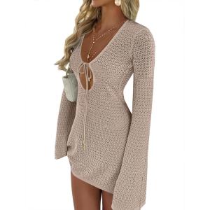 imageANRABESS Womens Swimsuit Crochet Swim Cover Up Summer Bathing Suit Swimwear Hollow Out Mesh Knit Beach Dress Vacation OutfitsKhaki