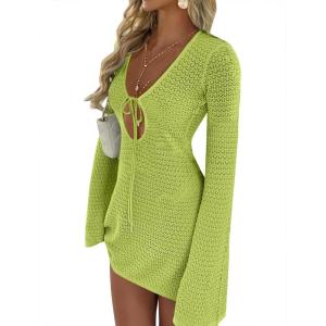 imageANRABESS Womens Swimsuit Crochet Swim Cover Up Summer Bathing Suit Swimwear Hollow Out Mesh Knit Beach Dress Vacation OutfitsNeon Green