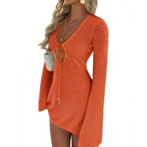 imageANRABESS Womens Swimsuit Crochet Swim Cover Up Summer Bathing Suit Swimwear Hollow Out Mesh Knit Beach Dress Vacation OutfitsOrange