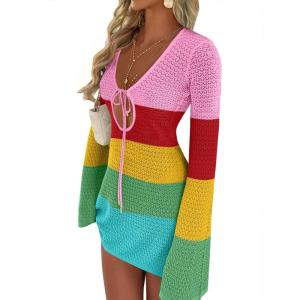 imageANRABESS Womens Swimsuit Crochet Swim Cover Up Summer Bathing Suit Swimwear Hollow Out Mesh Knit Beach Dress Vacation OutfitsRainbow Stripe
