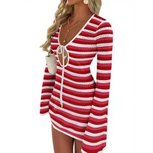 imageANRABESS Womens Swimsuit Crochet Swim Cover Up Summer Bathing Suit Swimwear Hollow Out Mesh Knit Beach Dress Vacation OutfitsRed White Stripe