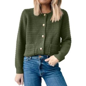 imageANRABESS Womens Tweed Knit Cardigan Sweater Casual Long Sleeve Cropped Button Down Lady Jackets 2025 Spring Fashion OutwearArmy Green