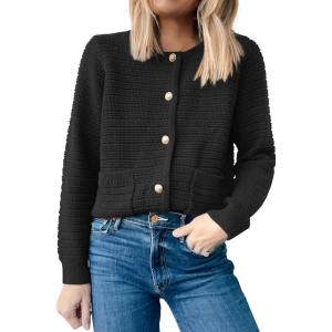 imageANRABESS Womens Tweed Knit Cardigan Sweater Casual Long Sleeve Cropped Button Down Lady Jackets 2025 Spring Fashion OutwearBlack