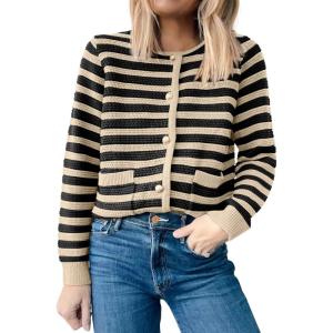 imageANRABESS Womens Tweed Knit Cardigan Sweater Casual Long Sleeve Cropped Button Down Lady Jackets 2025 Spring Fashion OutwearBlack Apricot Strip