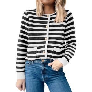 imageANRABESS Womens Tweed Knit Cardigan Sweater Casual Long Sleeve Cropped Button Down Lady Jackets 2025 Spring Fashion OutwearBlack White Strip