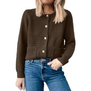 imageANRABESS Womens Tweed Knit Cardigan Sweater Casual Long Sleeve Cropped Button Down Lady Jackets 2025 Spring Fashion OutwearCoffee