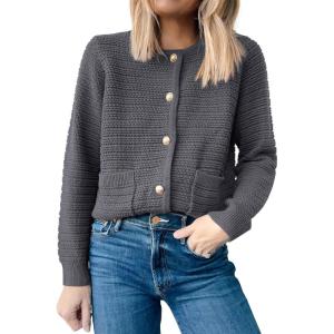 imageANRABESS Womens Tweed Knit Cardigan Sweater Casual Long Sleeve Cropped Button Down Lady Jackets 2025 Spring Fashion OutwearDark Grey