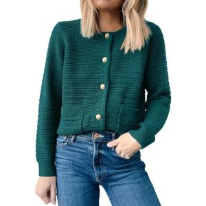 imageANRABESS Womens Tweed Knit Cardigan Sweater Casual Long Sleeve Cropped Button Down Lady Jackets 2025 Spring Fashion OutwearDeep Green
