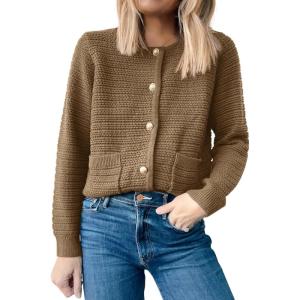 imageANRABESS Womens Tweed Knit Cardigan Sweater Casual Long Sleeve Cropped Button Down Lady Jackets 2025 Spring Fashion OutwearDeep Khaki