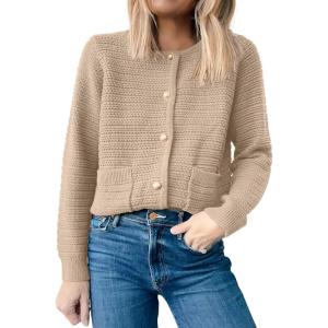 imageANRABESS Womens Tweed Knit Cardigan Sweater Casual Long Sleeve Cropped Button Down Lady Jackets 2025 Spring Fashion OutwearKhaki