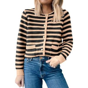 imageANRABESS Womens Tweed Knit Cardigan Sweater Casual Long Sleeve Cropped Button Down Lady Jackets 2025 Spring Fashion OutwearKhaki Black Strip