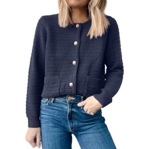 imageANRABESS Womens Tweed Knit Cardigan Sweater Casual Long Sleeve Cropped Button Down Lady Jackets 2025 Spring Fashion OutwearNavy Blue